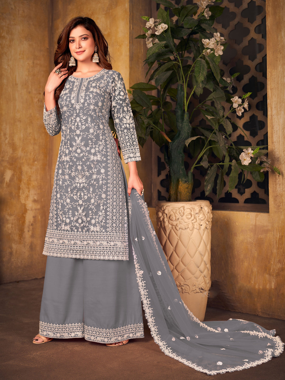 Grey salwar kameez, sophisticated USA women's ethnic attire for celebrations.