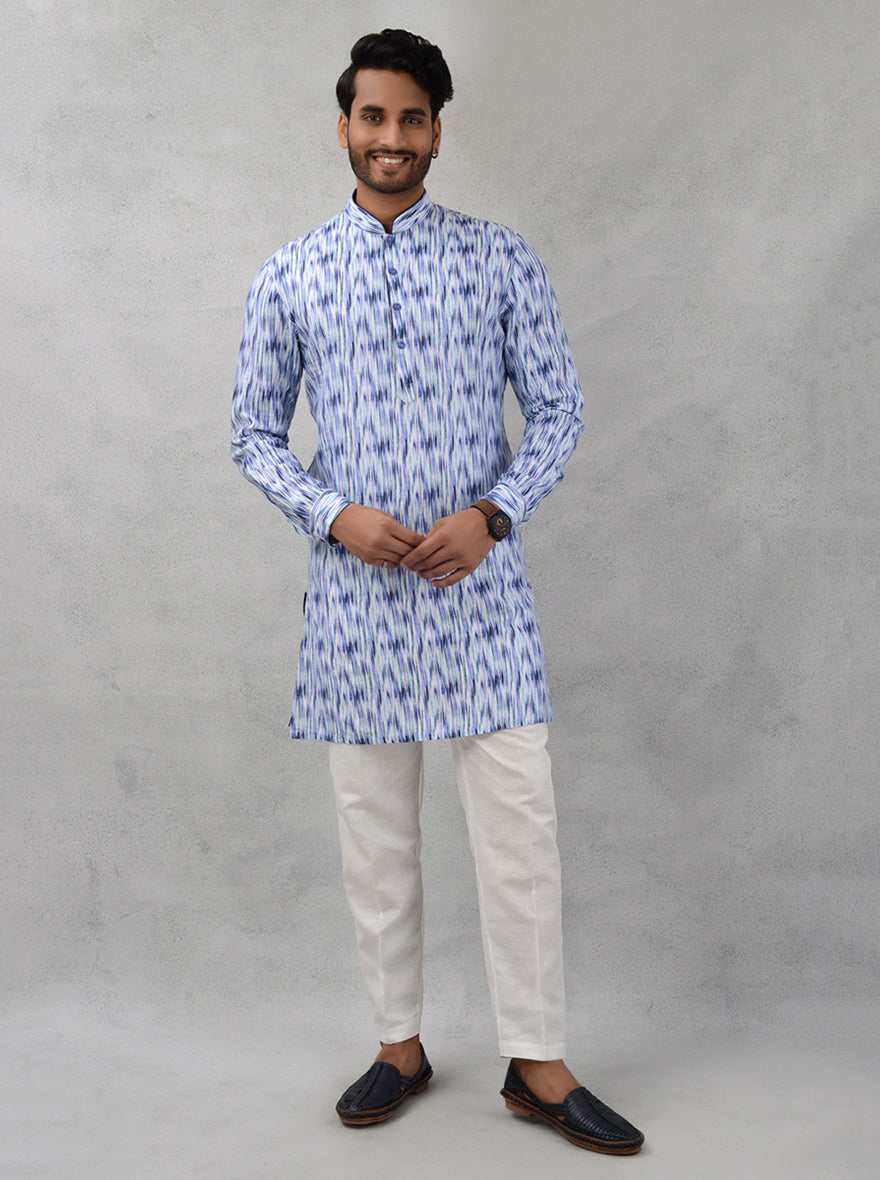 Stylish Men’s Kurta Pajama in White & Blue Linen