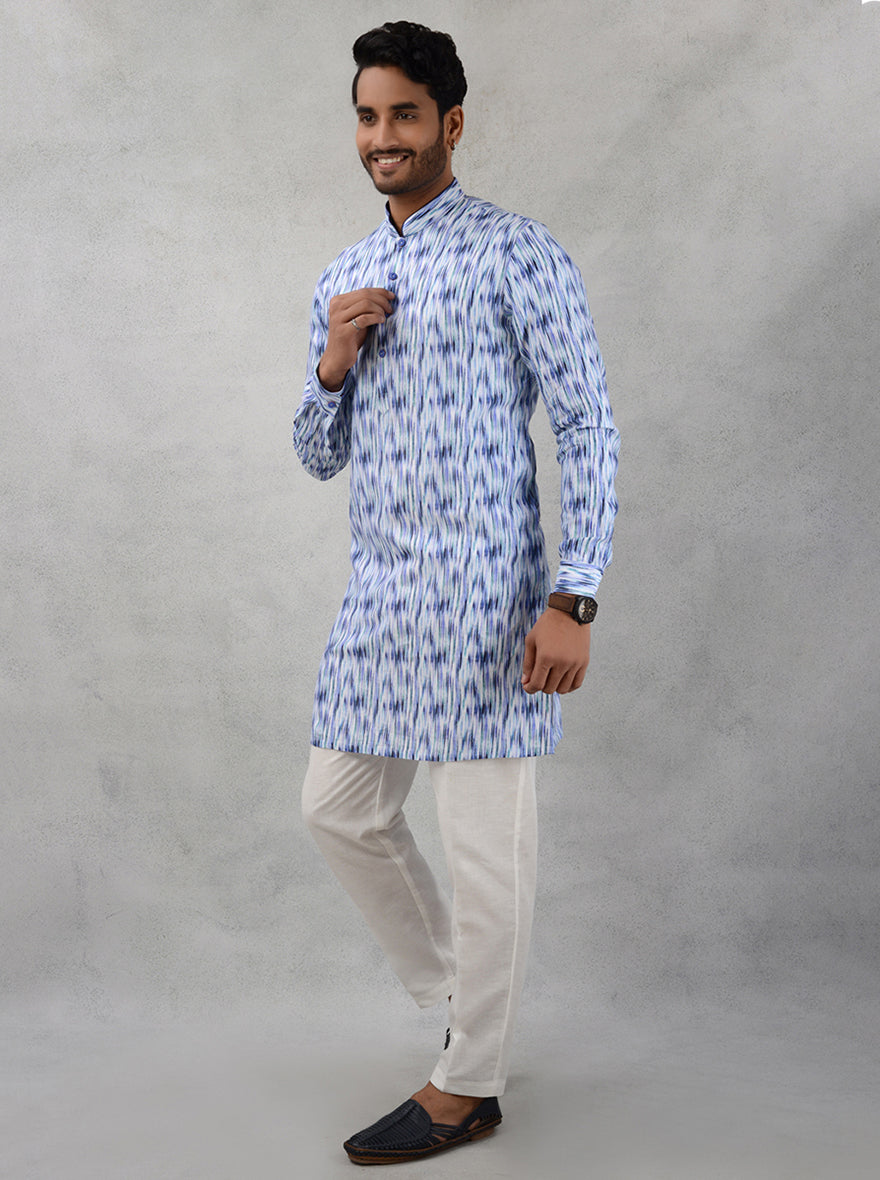 Printed Linen Kurta Pajama Set in White & Blue for Men