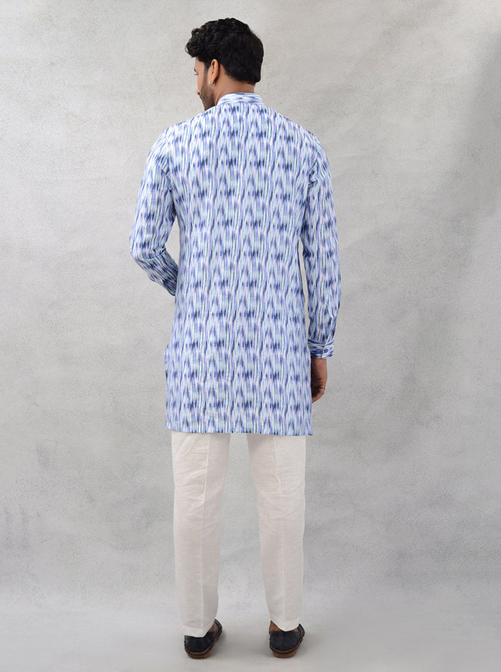 Men’s Traditional White & Blue Linen Kurta Pajama