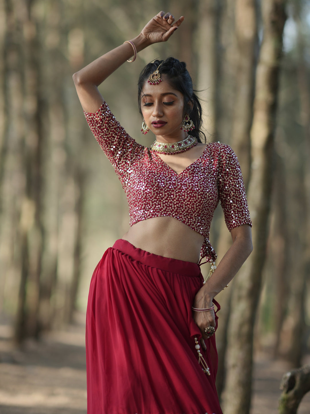 Stunning Red Sequins Georgette Wedding Lehenga Choli With Dupatta