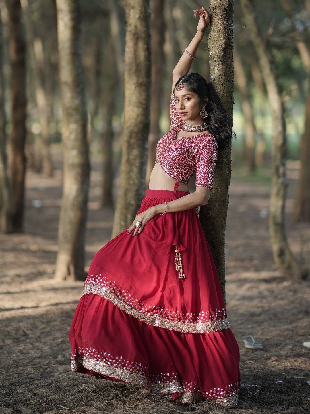 Stunning Red Sequins Georgette Wedding Lehenga Choli With Dupatta