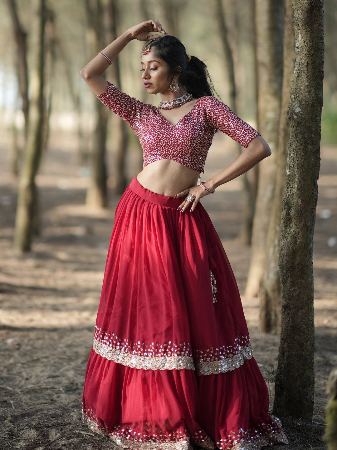 Stunning Red Sequins Georgette Wedding Lehenga Choli With Dupatta