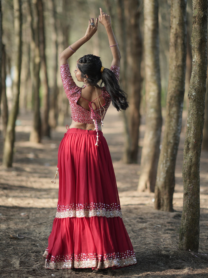 Stunning Red Sequins Georgette Wedding Lehenga Choli With Dupatta