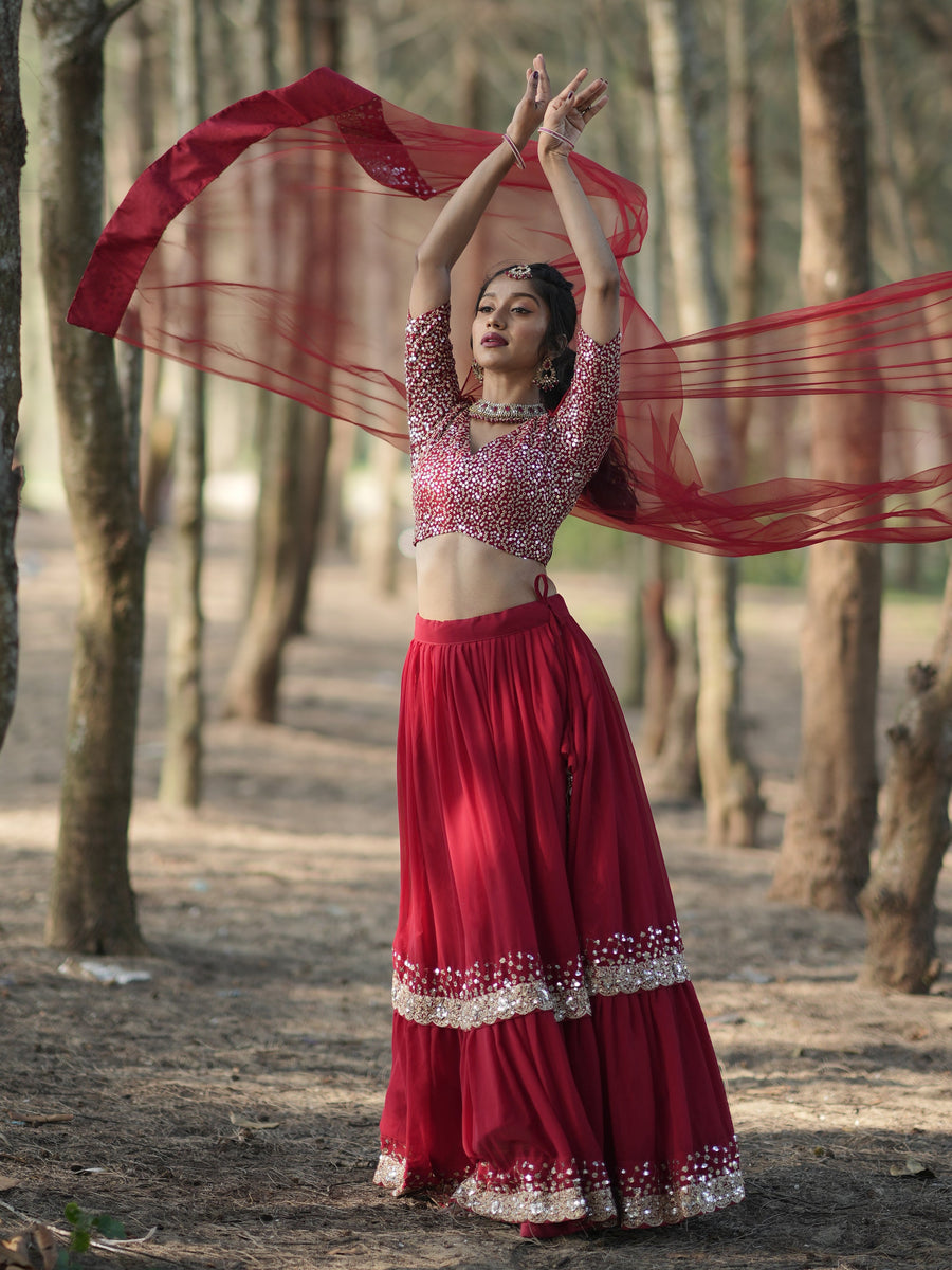 Stunning Red Sequins Georgette Wedding Lehenga Choli With Dupatta