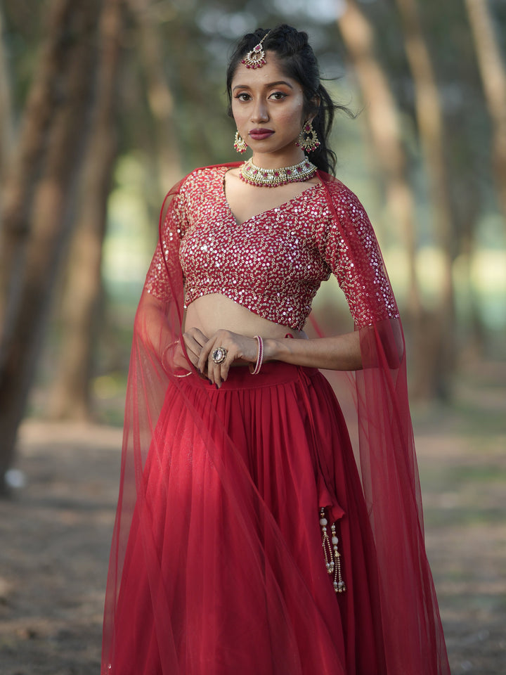 Stunning Red Sequins Georgette Wedding Lehenga Choli With Dupatta