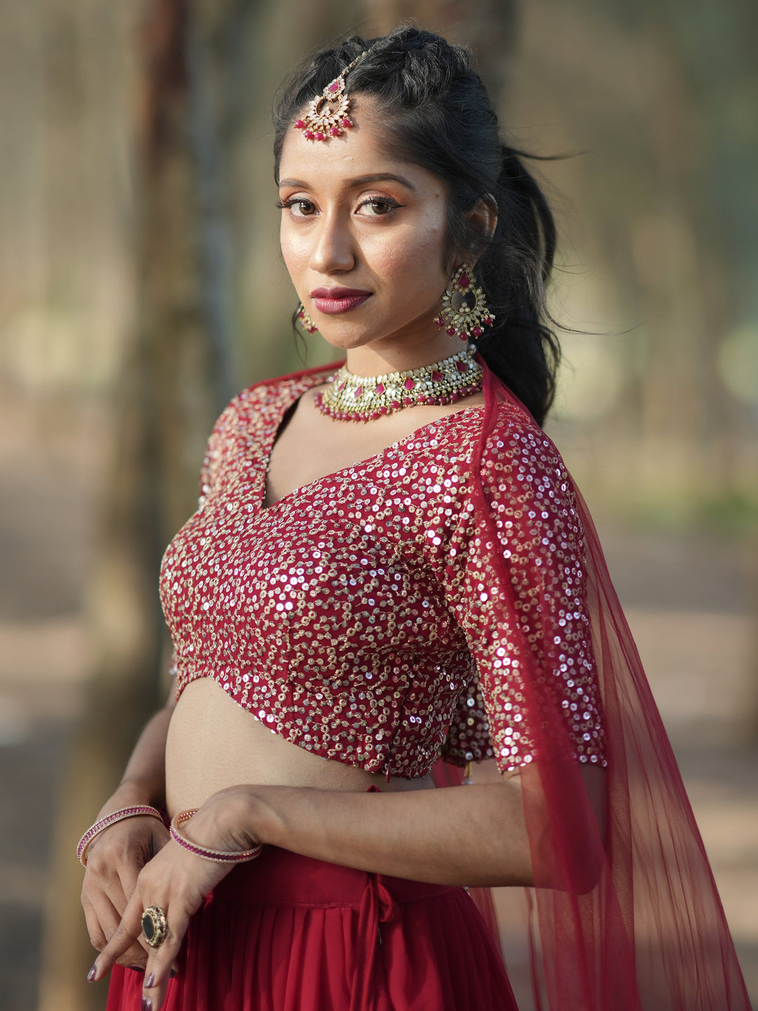 Stunning Red Sequins Georgette Wedding Lehenga Choli With Dupatta