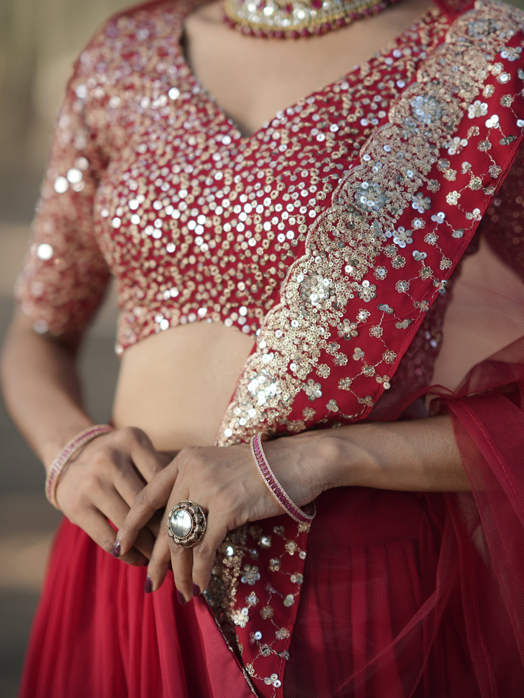 Stunning Red Sequins Georgette Wedding Lehenga Choli With Dupatta