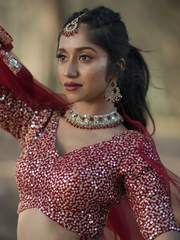 Stunning Red Sequins Georgette Wedding Lehenga Choli With Dupatta