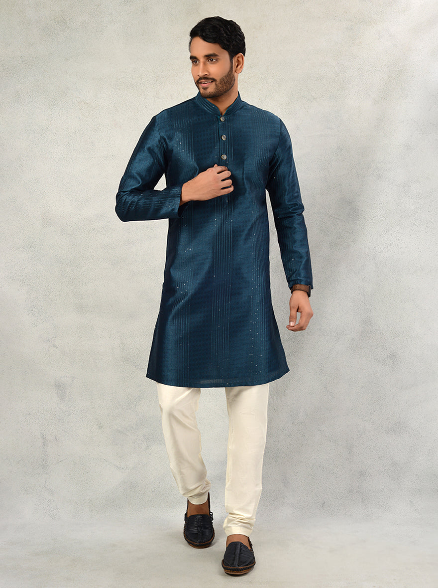 Embroidered teal blue kurta pajama, crafted for USA men’s special occasions.