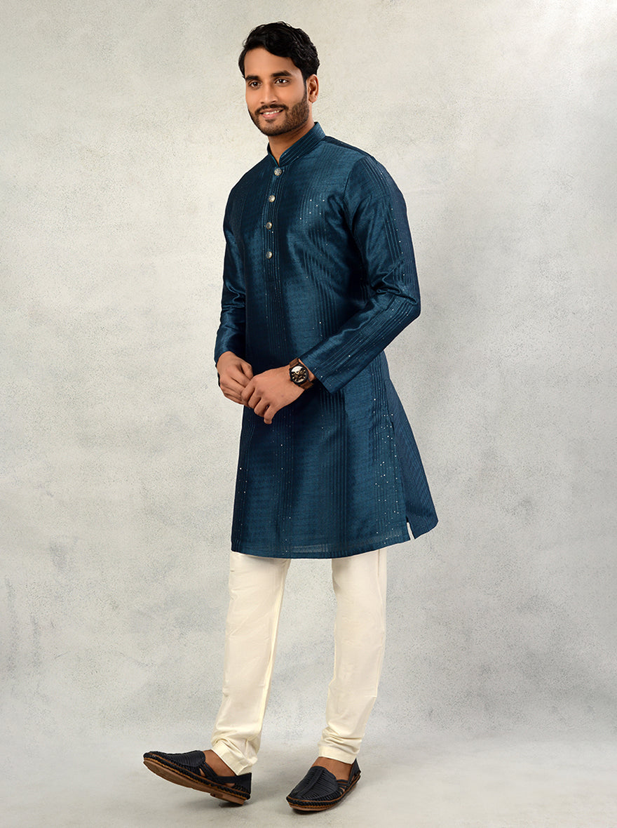 USA men’s sophisticated teal blue kurta, blending tradition with elegance.