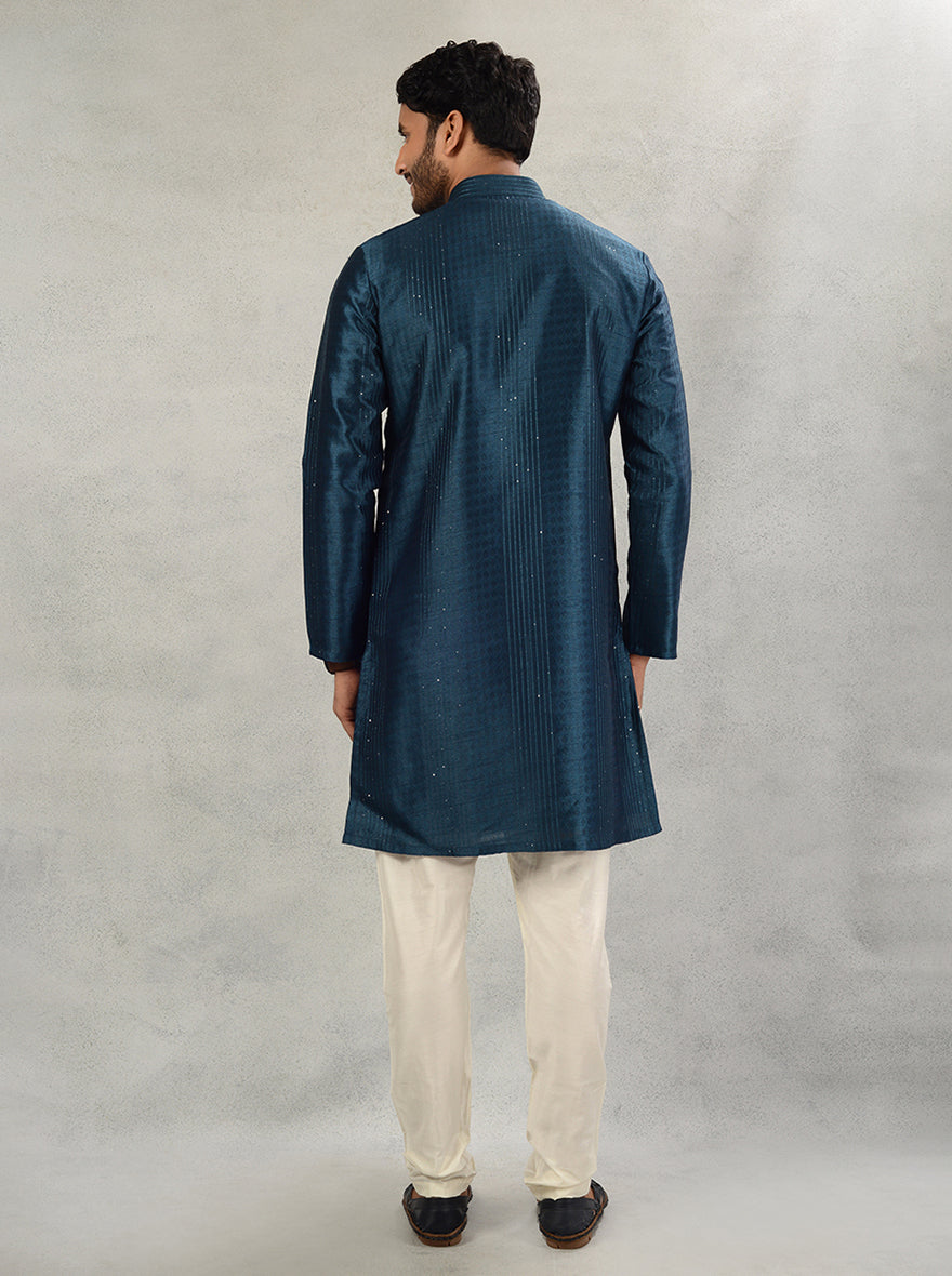 Teal silk blend kurta pajama for men, designed for USA pre-wedding functions.