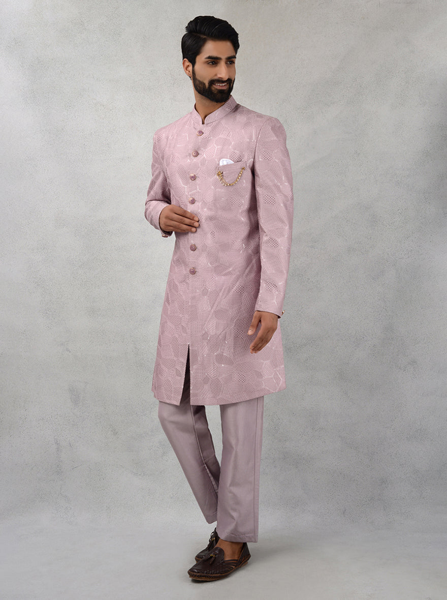 Capture attention at weddings with this stunning Pink Embroidered Indowestern, ideal for upscale gatherings.