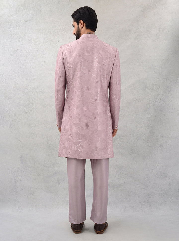 Embrace tradition with a twist in this chic Pink Silk Blend Indowestern, perfect for memorable moments.