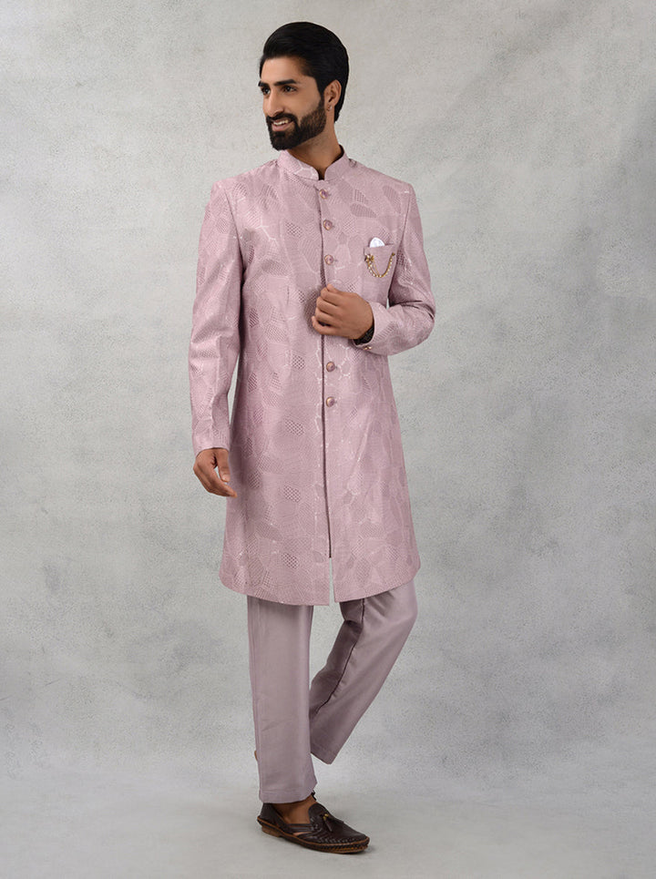 Resham and sequins embroidered pink indowestern for men