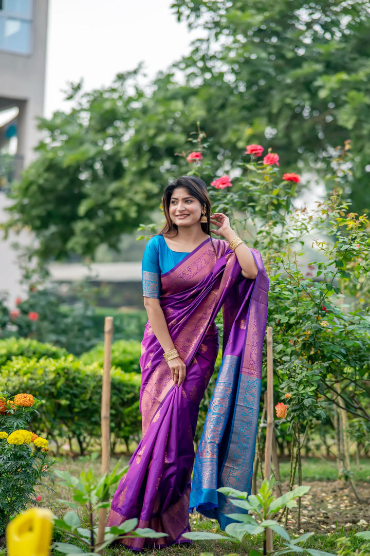 Purple Banarasi Katan Silk Pattu Saree with stunning zari weaving and a rich contrast zari pallu, ideal for Indian weddings.