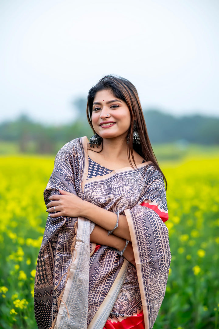 Elegant pink soft tussar silk saree with vibrant Madhubani prints and chic tassels, perfect for festivals.