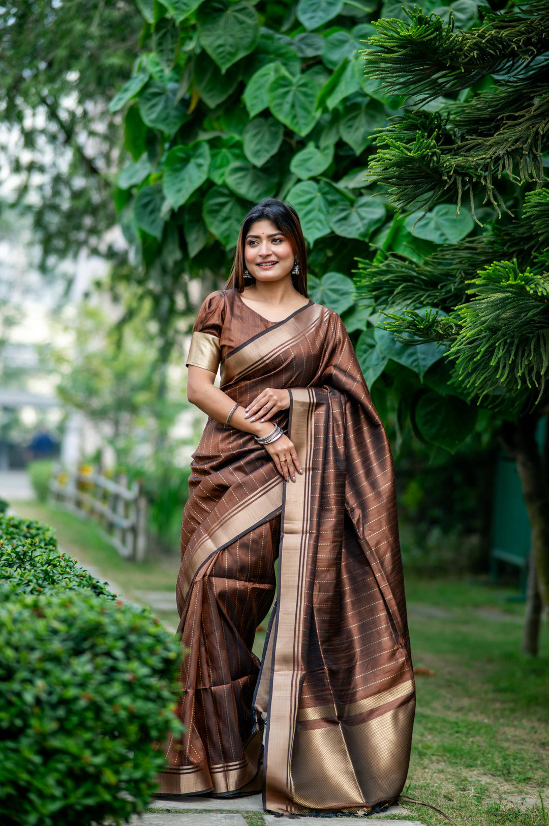 Elegant brown Banarasi saree with intricate zari pattern, perfect for festive occasions and cultural celebrations.