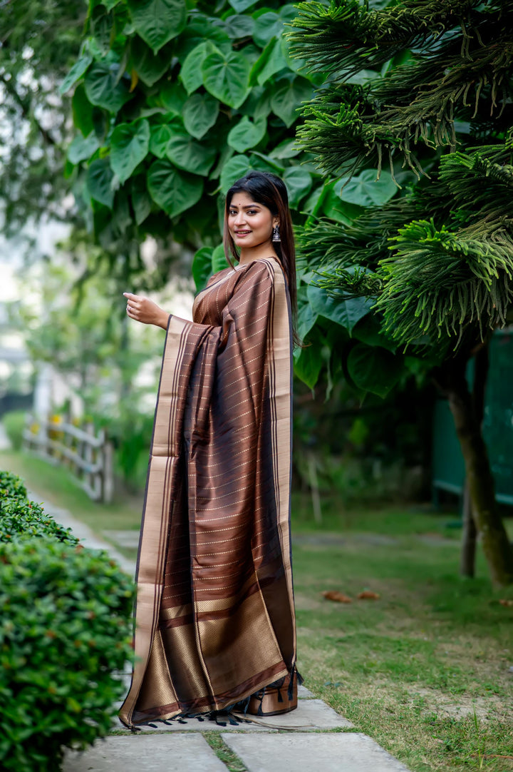 Lovely brown Banarasi saree with delicate zari patterns, ideal for a traditional or festive look.