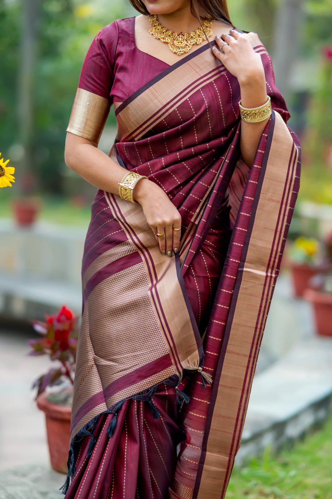 Elegant purple Banarasi saree featuring intricate zari weaving, perfect for weddings and evening occasions.