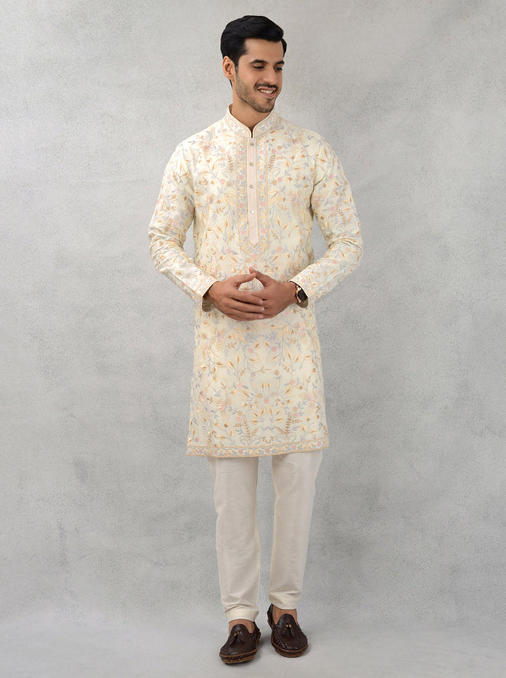 Timeless sophistication in a cream silk kurta.