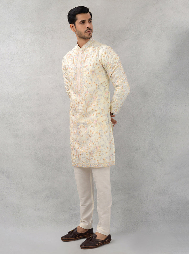 Stylish Men’s Kurta Pajama in Cream Silk for Weddings