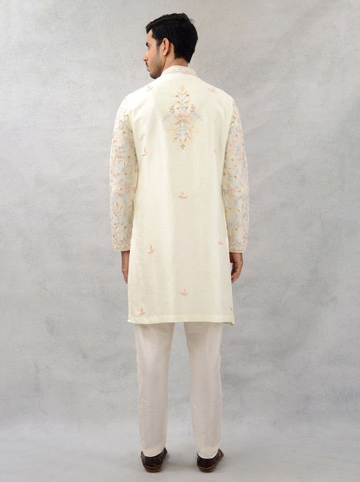 Cream Silk Embroidered Kurta Pajama for Men’s Formal Wear