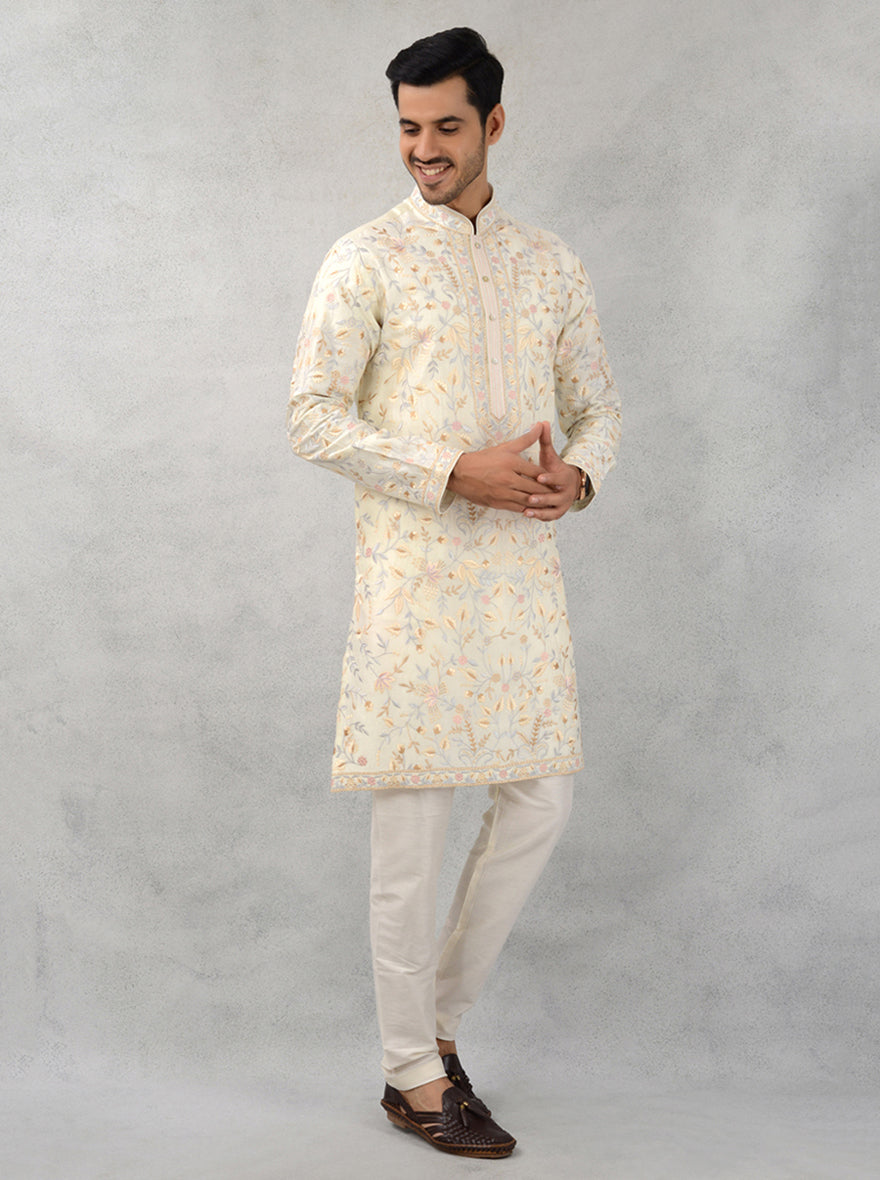 Traditional Cream Silk Kurta Pajama with Mandarin Collar