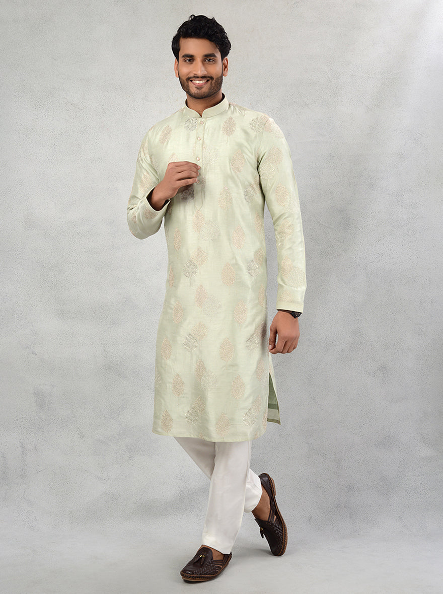 Men's pista green silk kurta pajama with elegant resham work embroidery.