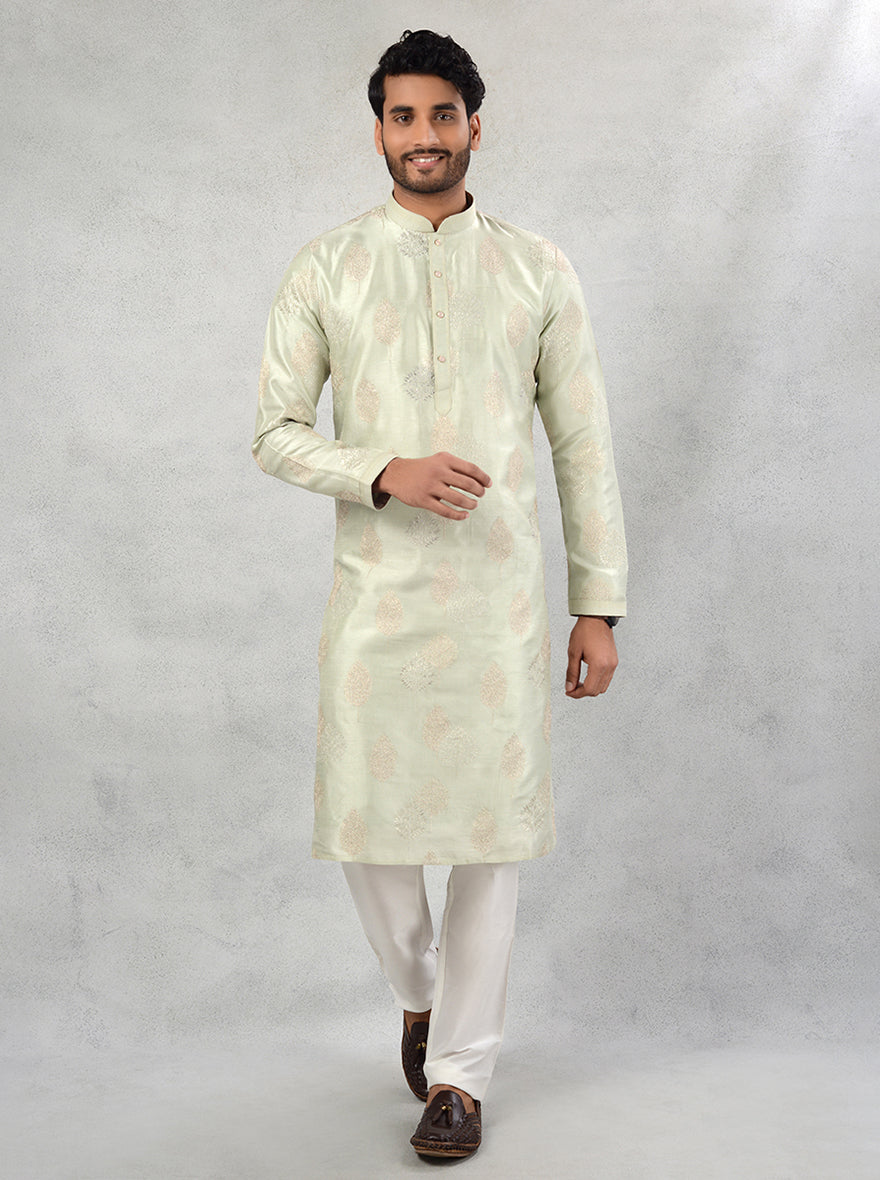 Elegant pista green silk kurta pajama, crafted for USA cultural gatherings.