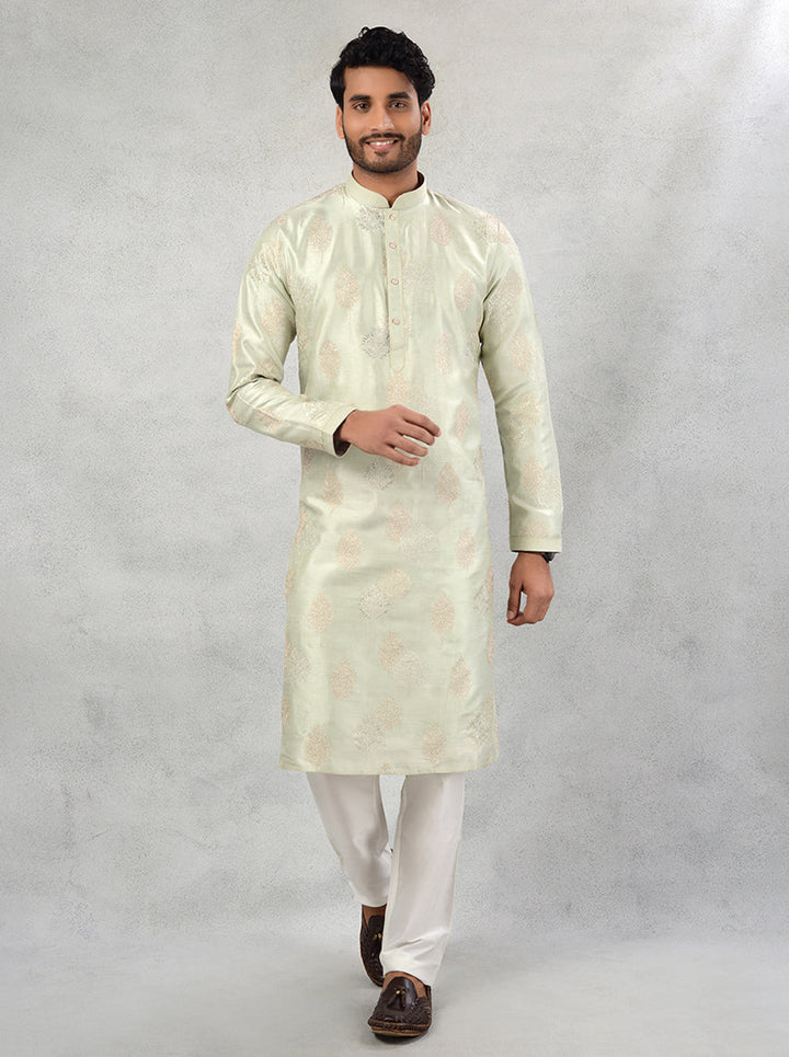 Stylish silk blend kurta pajama for men with resham embroidery for Mehndi.