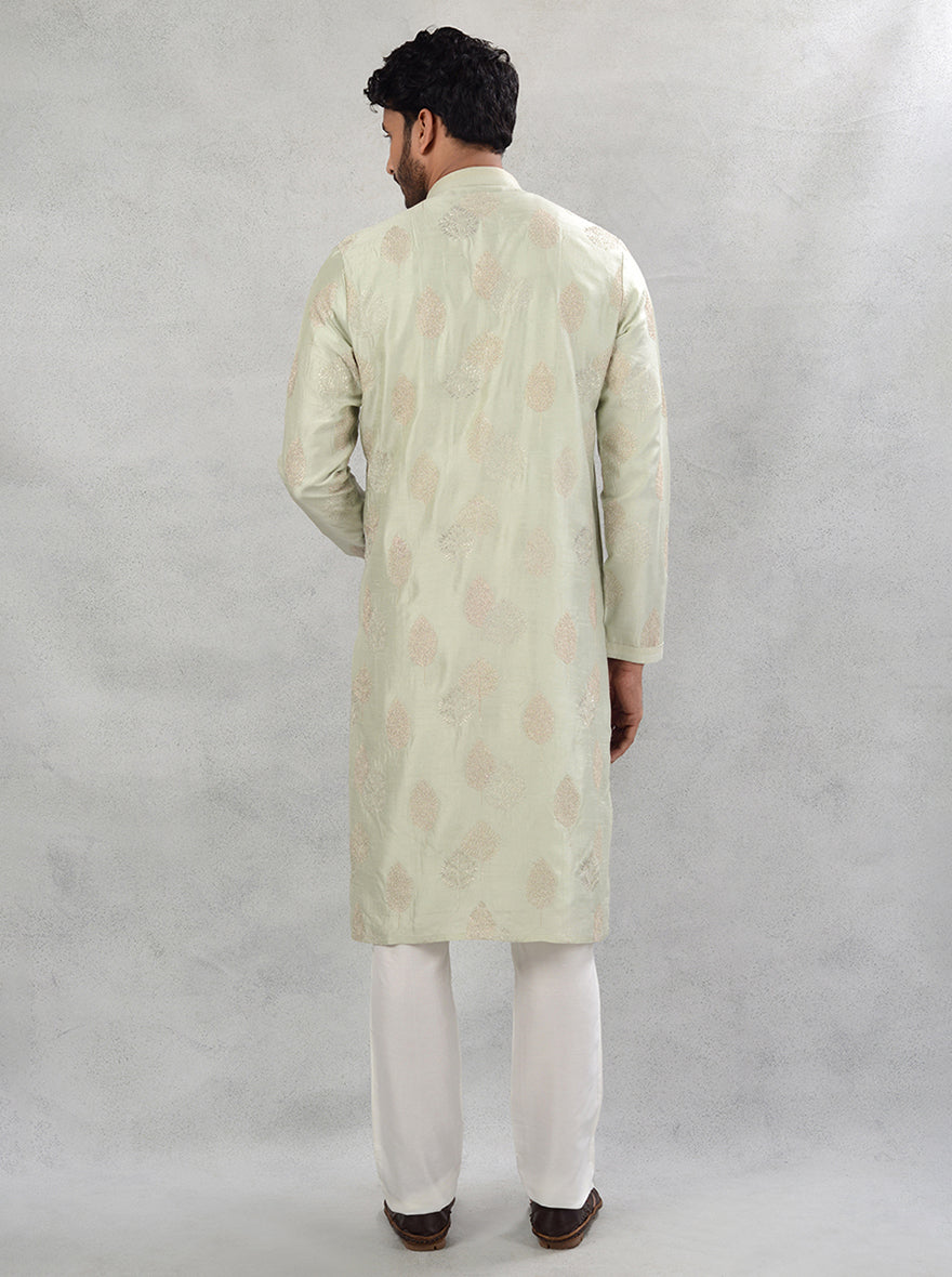 Stylish pista green kurta pajama with resham embroidery for USA men.