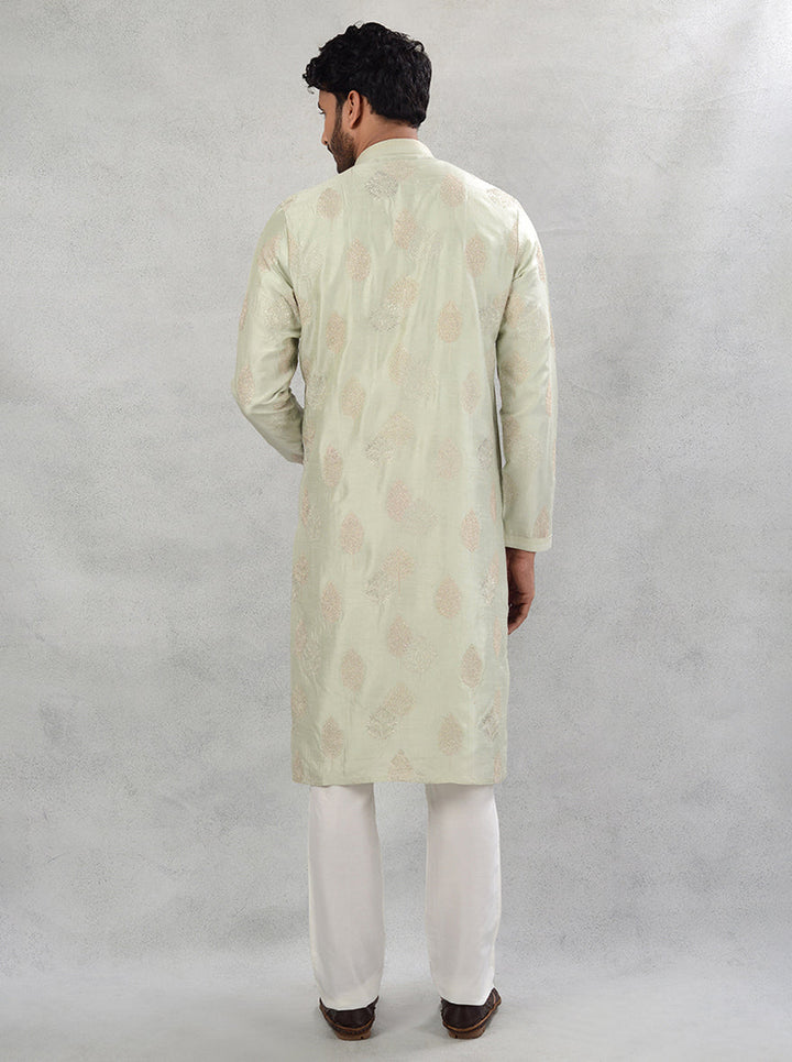 Comfortable pista green kurta pajama for men, ideal for Gruh Shanti events.