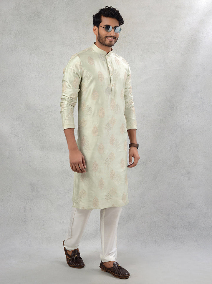 Resham work embroidered pista green silk kurta pajama, perfect for Mehndi.