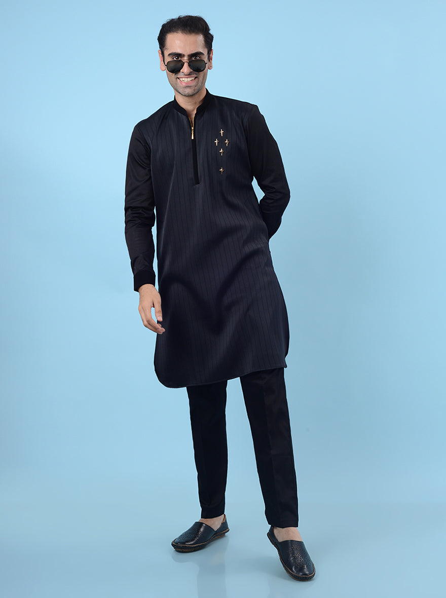 Men's black kurta set with zipper closure, designed for ethnic occasions and casual wear.