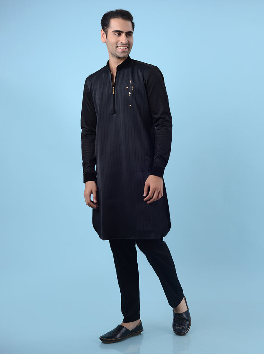 Stylish black kurta for men, designed with a regular fit and zipper closure for a sleek ethnic look.