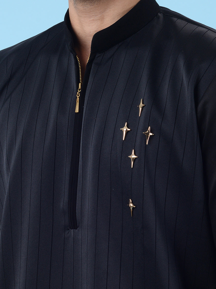 Elegant black kurta for men, featuring zipper closure and regular fit for a versatile ethnic style.