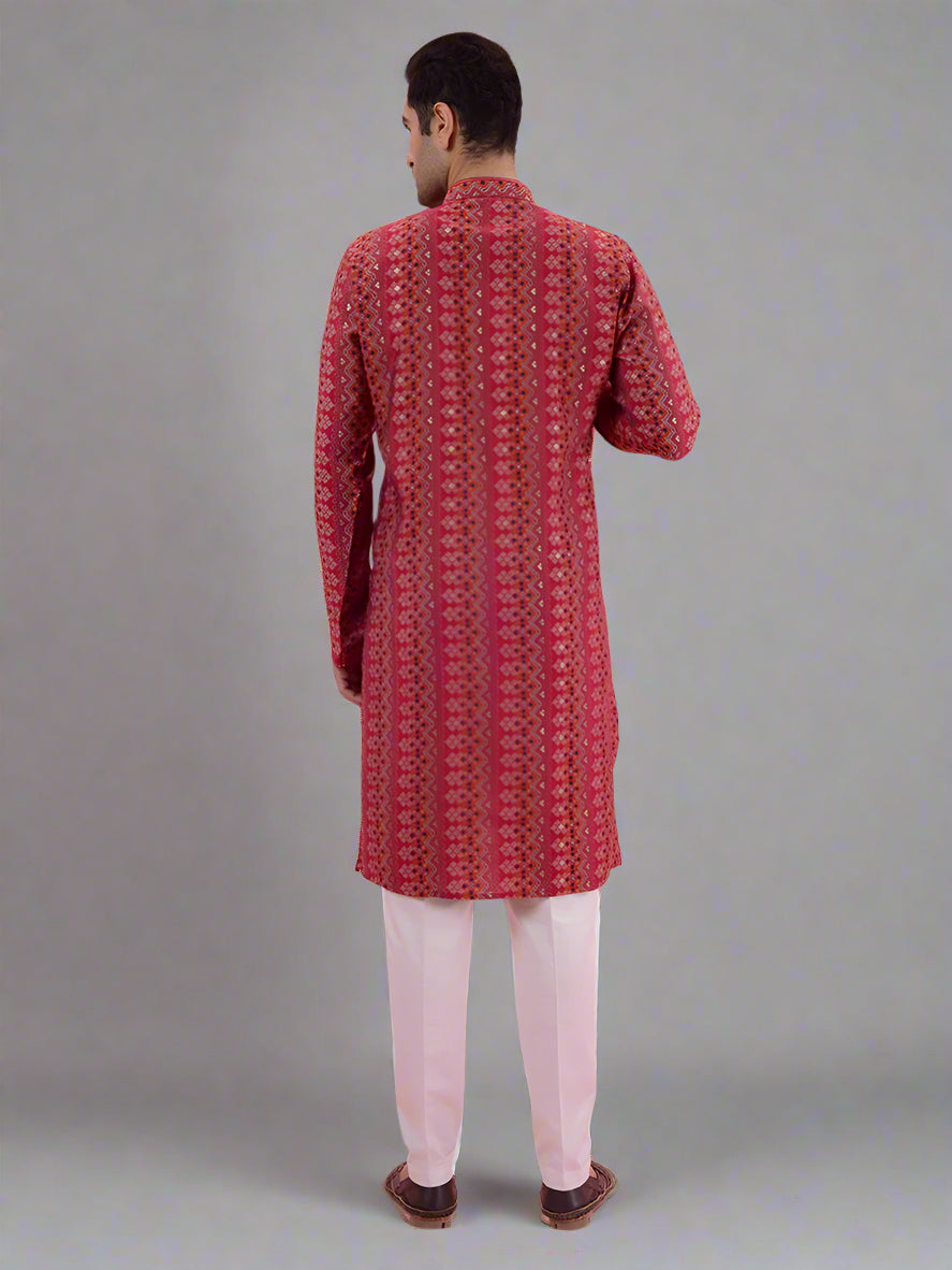 Men's red embroidered kurta pajama, designed for weddings, cultural events, and festive wear.