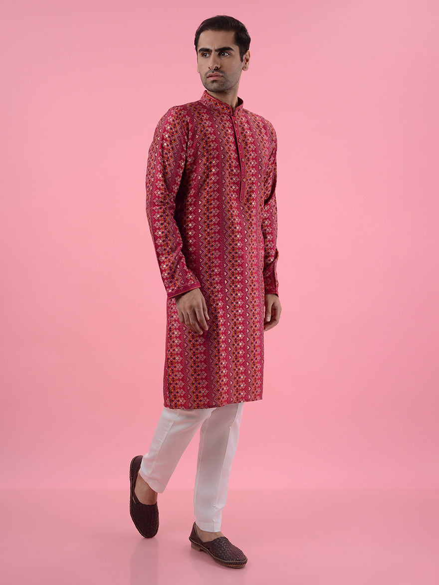 Red embroidered kurta pajama for men, perfect for festivals and cultural celebrations.