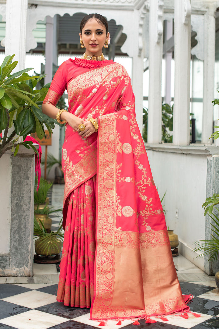 5.5 MTR Soft Banarasi Katan silk saree with intricate silver and gold zari weaves and tassel accents.