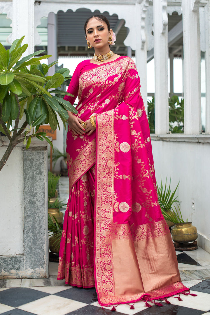 Elegant Soft Banarasi Katan silk saree with a beautiful weaving pallu and silver and gold zari accents.