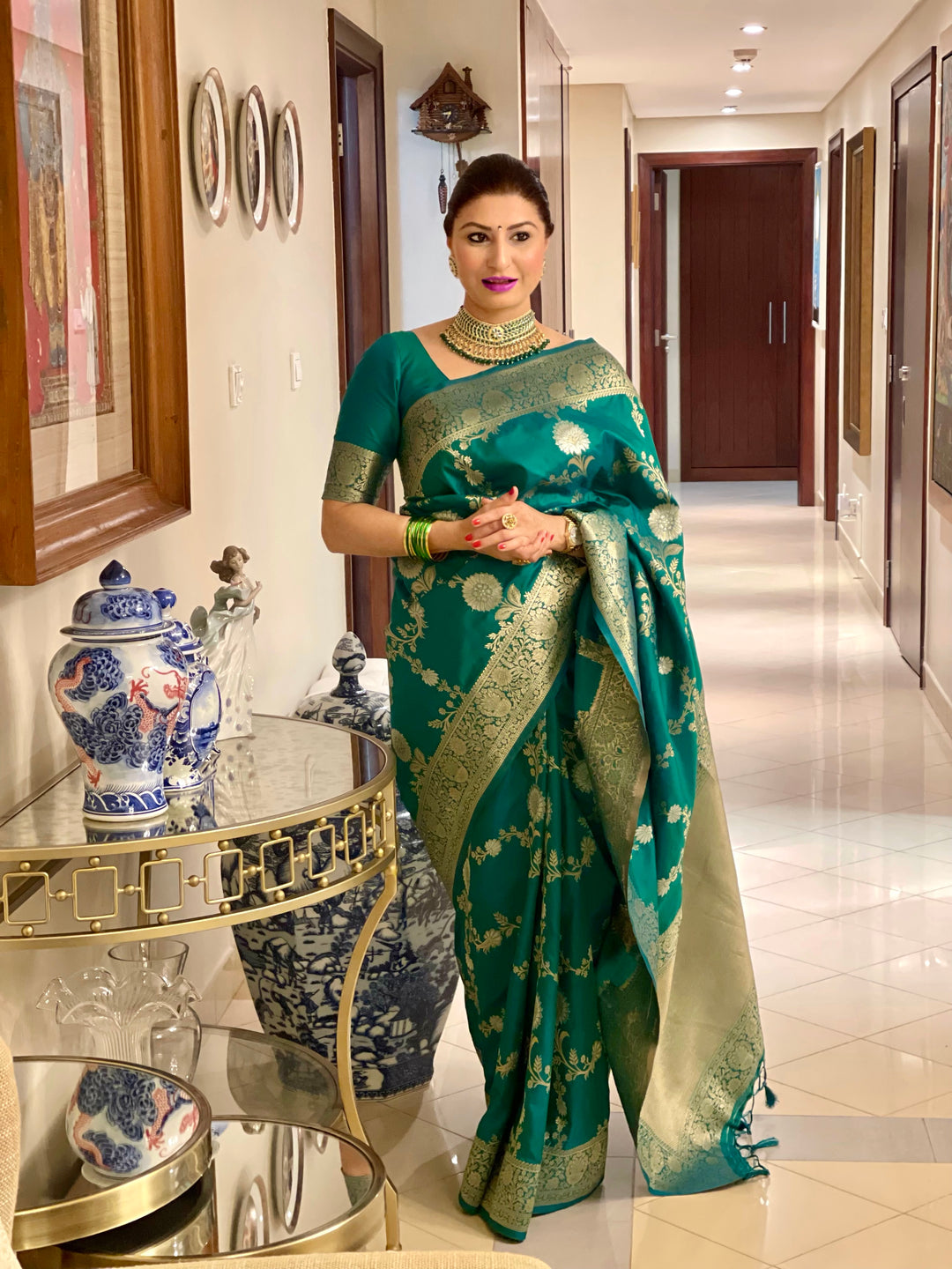 Indulge in luxury with this Soft Banarasi Katan silk saree, featuring silver and gold zari weaves.