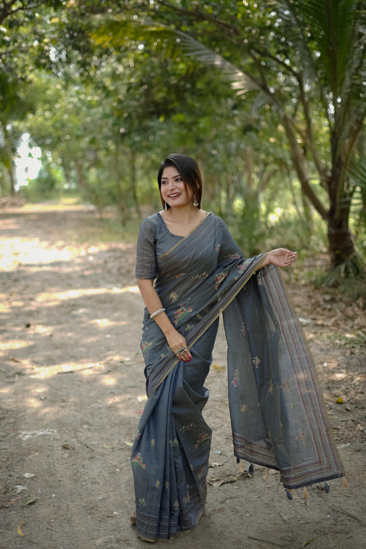 Elegant Khadi Tussar Silk Grey Saree with multicolor Kantha stitch border and tassels, perfect for weddings and special occasions