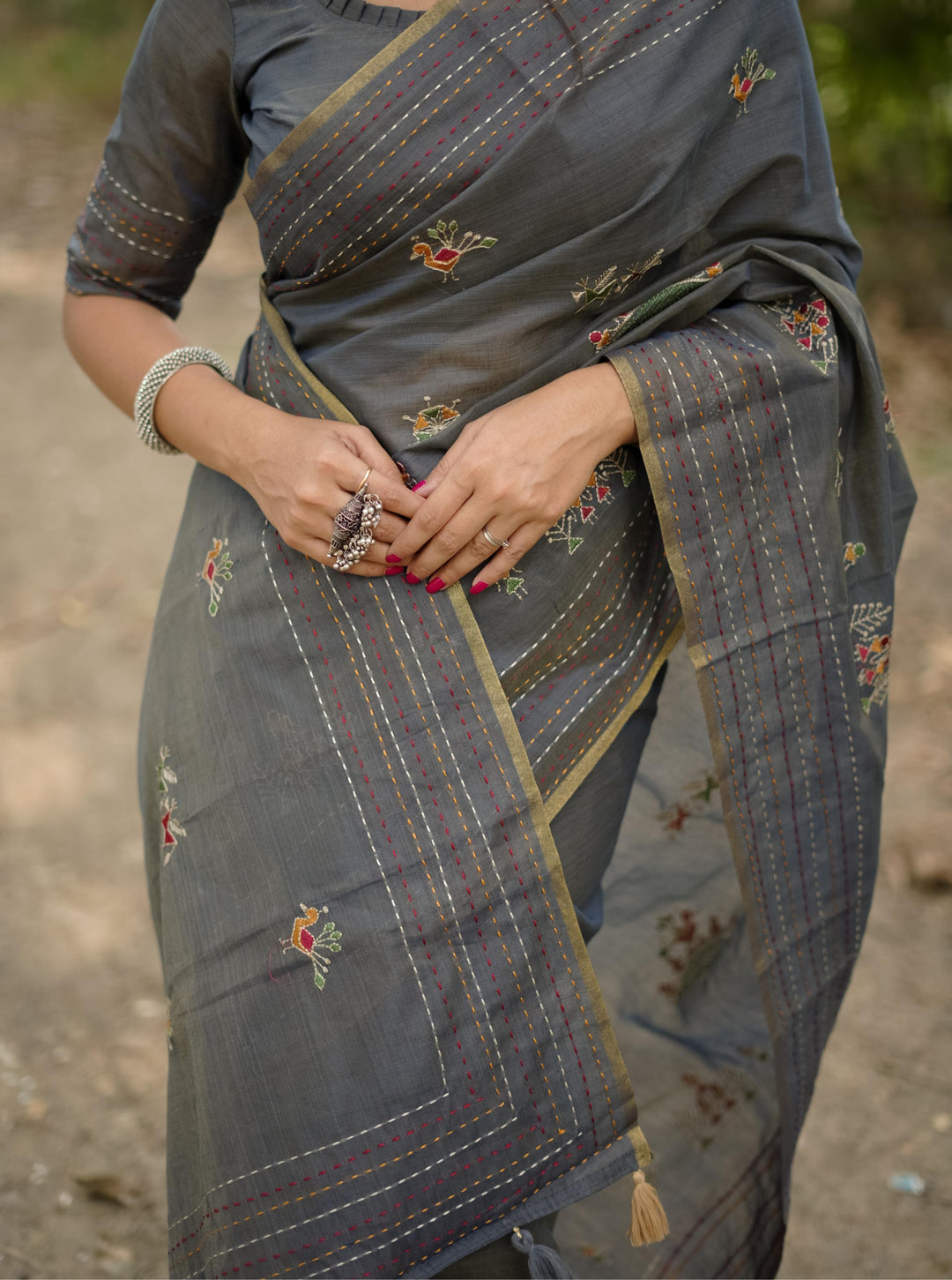 Traditional Khadi Tussar Silk saree for women with intricate thread work and multicolor Kantha border, includes blouse