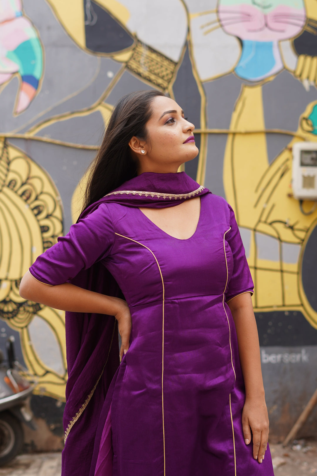 Gorgeous purple suit set crafted from silk and chanderi, ideal for festive occasions and traditional events.