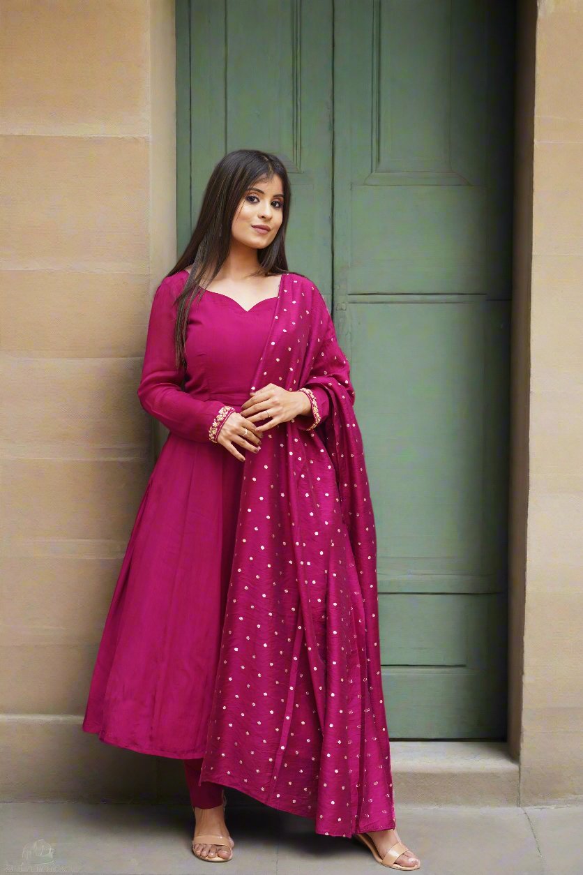 Fashionable burgundy Anarkali outfit, ideal for special occasions and ethnic gatherings.