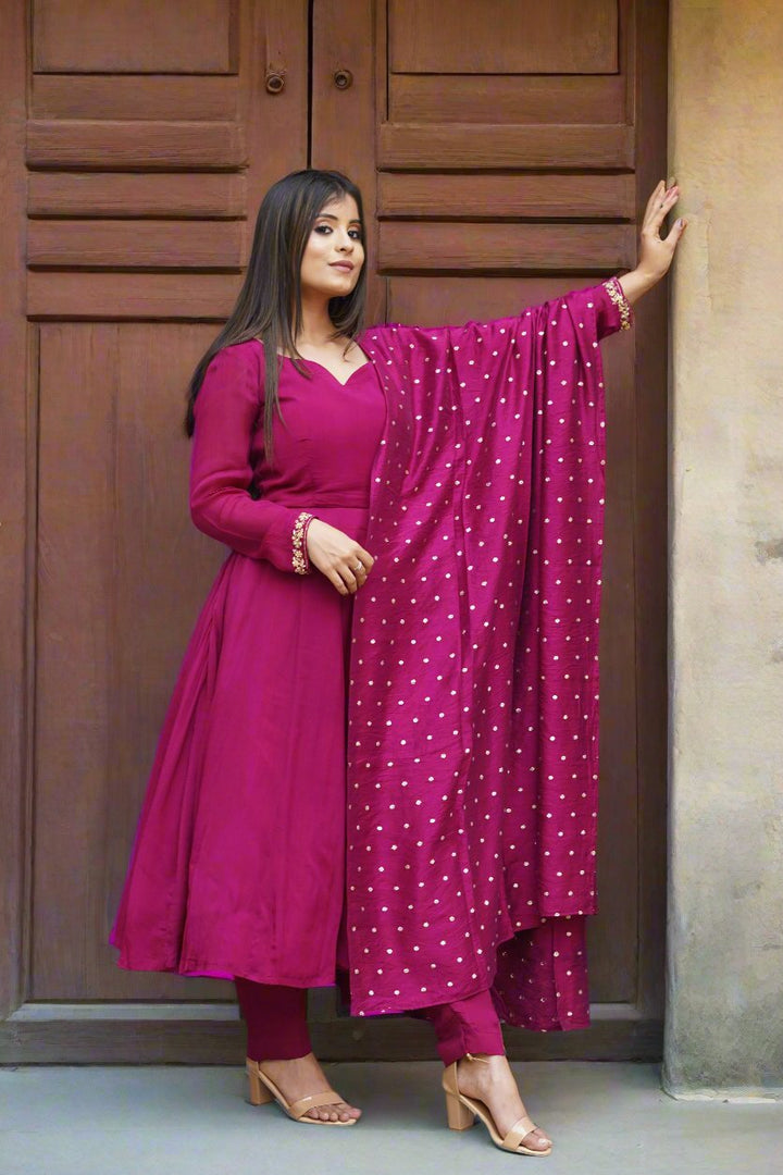 Sophisticated burgundy Anarkali dress, a perfect choice for weddings and festive occasions.