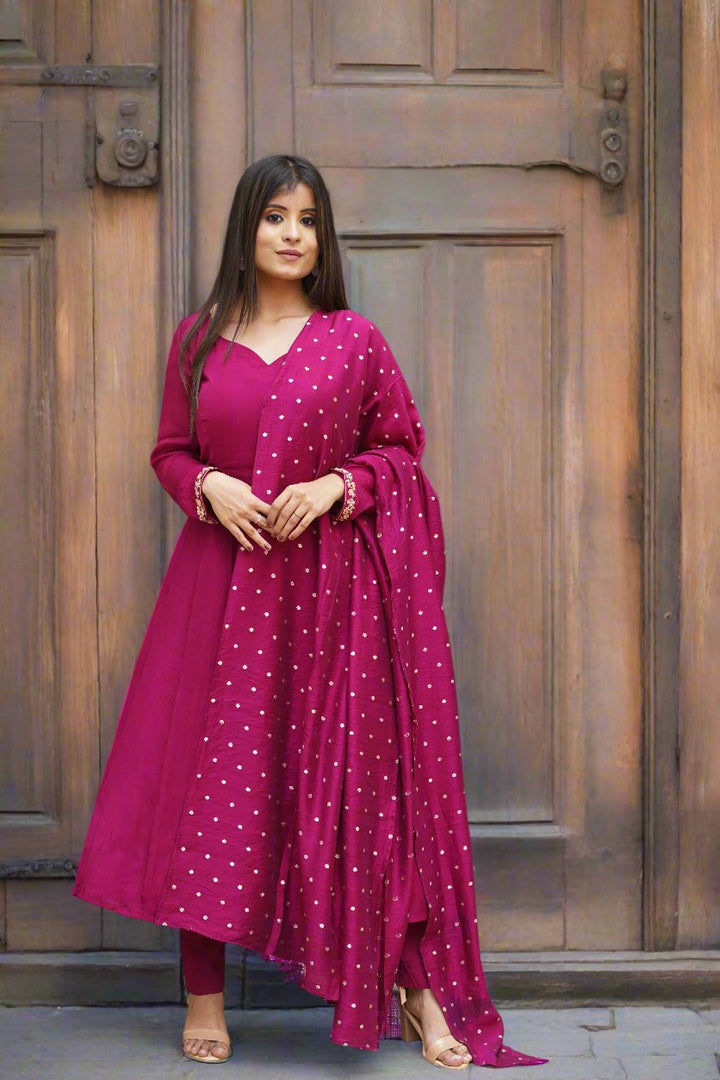 Elegant burgundy Anarkali suit, perfect for traditional wear on any occasion.