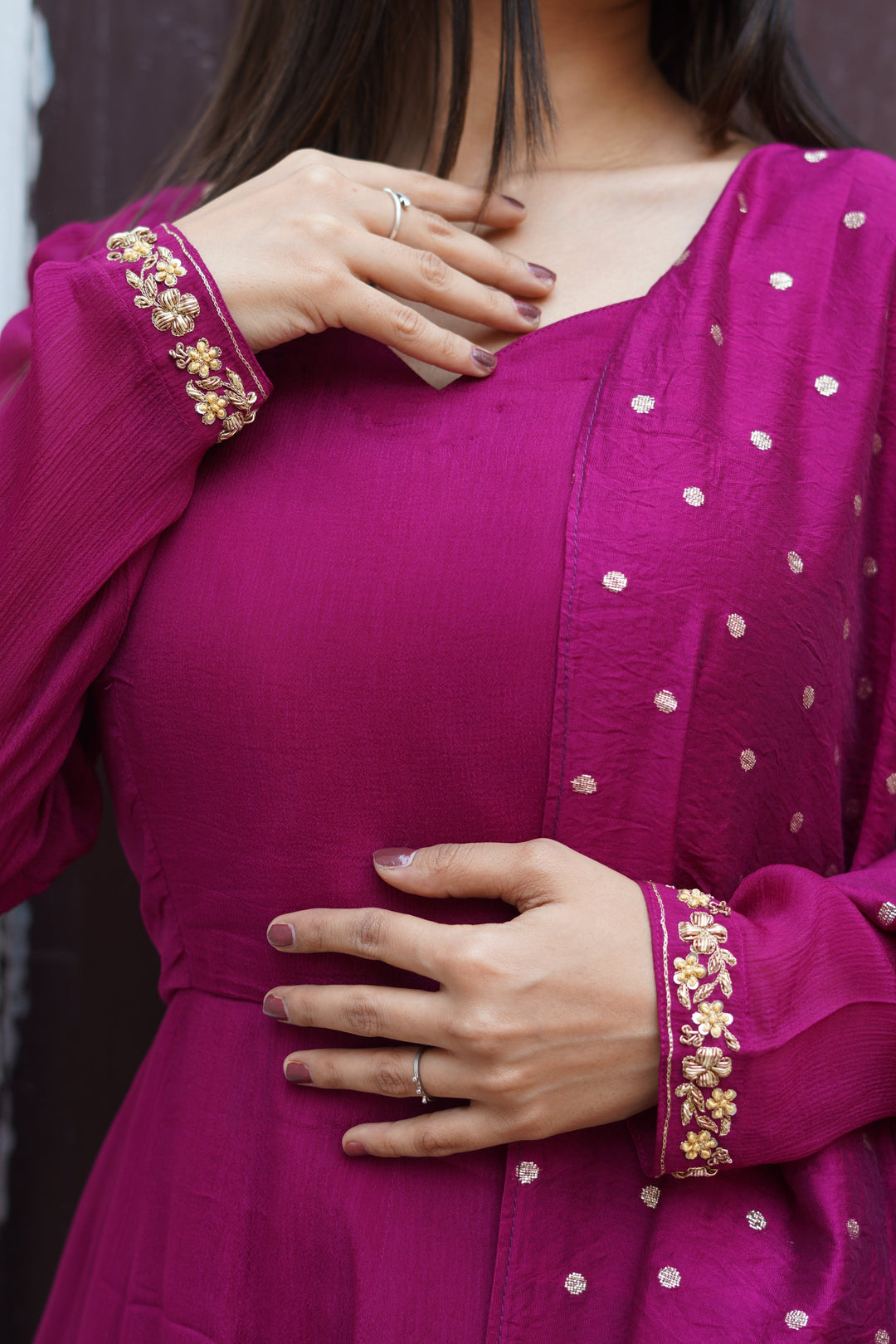 Chic burgundy Anarkali suit, designed for comfort and elegance during cultural events.