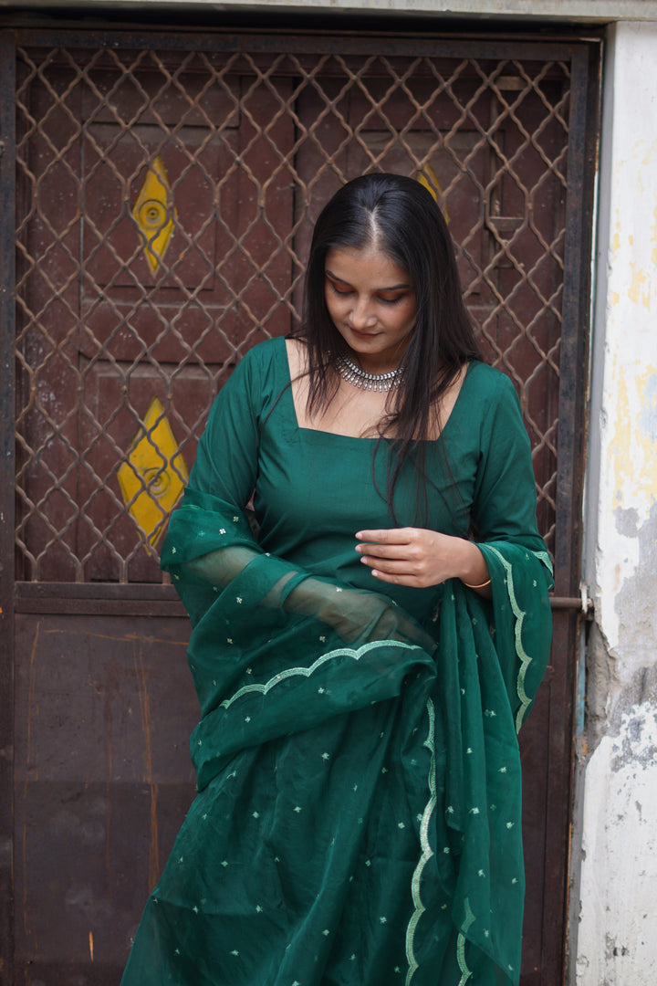 Stylish bottle green salwar suit set designed for festive wear, featuring intricate embellishments.